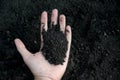 Female hand holding a handful of rich fertile soil that has been newly dug over or tilled in a concept of conservation