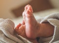 Female hand holding her newborn baby legs. Mom with her child. Maternity, family, birth concept Royalty Free Stock Photo