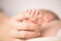 Female hand holding her newborn baby`s hand. Mom with her child. Maternity, family, birth concept. Copy space for your Royalty Free Stock Photo