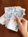 Female hand holding hundred turkish lira Royalty Free Stock Photo