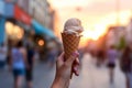 Female hand holding an ice cream cone, social media style photo, food and travel destination concept, generative AI