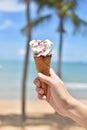 Female hand holding ice cream in waffle cone against summer beach background Royalty Free Stock Photo