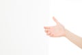 Female hand holding invisible items, woman`s palm making gesture while showing small amount of something on white Royalty Free Stock Photo