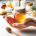 Female hand holding a jar of sweet honey. Healthy foods. AI generated Royalty Free Stock Photo