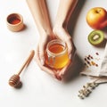 Female hand holding a jar of sweet honey. Healthy foods. AI generated Royalty Free Stock Photo