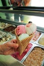 Female hand is holding a large strawberry, mint, vanilla with sour cherry ice cream in waffle cone.