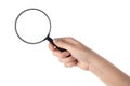 Female hand holding the magnifying glass (isolated Royalty Free Stock Photo