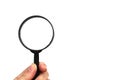 Female hand holding a magnifying glass on white isolated background Royalty Free Stock Photo