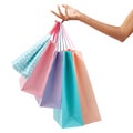 Female hand holding many shopping bag pink and light blue color. Isolated on white background Royalty Free Stock Photo