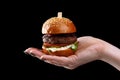 Female hand holding mini burger as a Christmas tree toy on black background Royalty Free Stock Photo