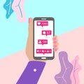 Female hand holding mobile phone with share, like, comment, repost social media ui icons on screen with shadow on pastel colored