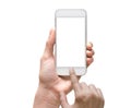 Female hand holding mobile smart phone touch screen on white background, include clipping path