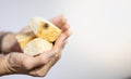 Female hand holding mould growing old bread that cannot eat, it expired not good for health Royalty Free Stock Photo