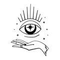 Female hand holding a mystical eye, magical witch tattoo, mystery concept, fortune teller, boho sticker, vintage icon