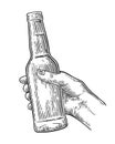 Female hand holding open bottle beer. Black vintage engraving vector illustration Royalty Free Stock Photo