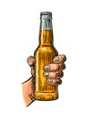 Female hand holding open bottle beer. Color vintage engraving vector illustration