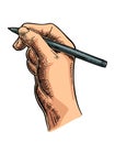 Female hand holding a pencil. Vector black vintage engraving Royalty Free Stock Photo