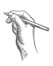 Female hand holding a pencil. Vector black vintage engraving