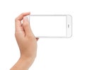 Female hand holding phone white screen with clipping path