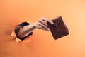 female hand holding purse on orange background Royalty Free Stock Photo