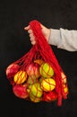 Female hand holding a red string bag with fruits on black background. Zero waste concept. Eco friendly lifestyle Royalty Free Stock Photo