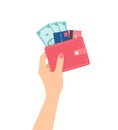 Female hand holding red wallet with cash and credit cards isolated on white background. Flat vector illustration Royalty Free Stock Photo