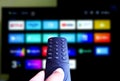 Female hand holding a remote control and TV blurred on background. Royalty Free Stock Photo