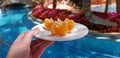 Female hand holding small white plate with peeled mandarin slices