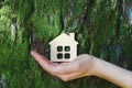 female hand holding small wooden house against old tree bark, safe, sweet and ecological home concept
