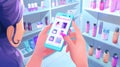 Female hand holding smartphone with beauty products internet shopping app as she chooses cosmetic makeup and body care Royalty Free Stock Photo