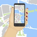 Female hand holding smartphone with mobile gps or glonass navigation map