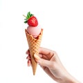 Female hand holding strawberry ice cream cone, isolated on white background with empty space AI-Generated Royalty Free Stock Photo