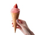 Female hand holding strawberry ice cream cone, isolated on white background with empty space AI-Generated Royalty Free Stock Photo