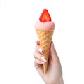 Female hand holding strawberry ice cream cone, isolated on white background with empty space AI-Generated Royalty Free Stock Photo