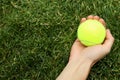 Female hand holding tennis ball on grass background Royalty Free Stock Photo