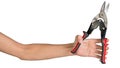 Female hand holding tin snips Royalty Free Stock Photo