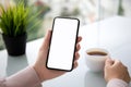 Female hand holding touch phone with isolated screen in cafe Royalty Free Stock Photo