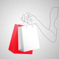Female hand holding two colorful shopping bags. Two gift packages red and white in painted hand of young woman. 3D Royalty Free Stock Photo