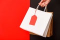 Female hand holding two shopping bags with price tag isolated on red and black background. White and brown craft blank Royalty Free Stock Photo