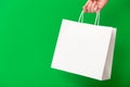 Female hand holding white blank shopping bag isolated on green background. Black friday sale, discount, recycling Royalty Free Stock Photo