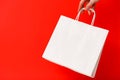 Female hand holding white blank shopping bag isolated on red background. Black friday sale, discount, recycling Royalty Free Stock Photo