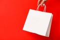 Female hand holding white blank shopping bag isolated on red background. Black friday sale, discount, recycling Royalty Free Stock Photo