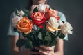 Female hand holds beautiful bouquet of roses. Mothers day, holiday decor, Flower delivery concept. Generative AI