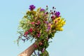 Female hand holds bright colorful bouquet of wild flowers against blue sky. Womens day, Mothers Day, Hello summer or Hello spring