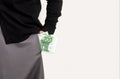 Female hand holds euro pocket white background money