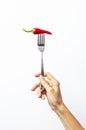 A female hand holds a fork with red chili pepper on white isolated background. Creative Food concept Royalty Free Stock Photo