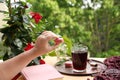 Female hand holds a french pasta cake in the garden, pomegranate, cherry juice, fruit drink in a glass mug, clematis flowers, Royalty Free Stock Photo