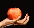 Female hand holds fresh fruit isolated on black background Royalty Free Stock Photo