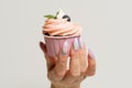 A female hand holds a muffin with blueberries, marshmallows and mint. Close-up Royalty Free Stock Photo