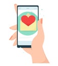 A female hand holds the phone to which the love message came. Communication concept. Vector concept in cartoon flat style. Royalty Free Stock Photo